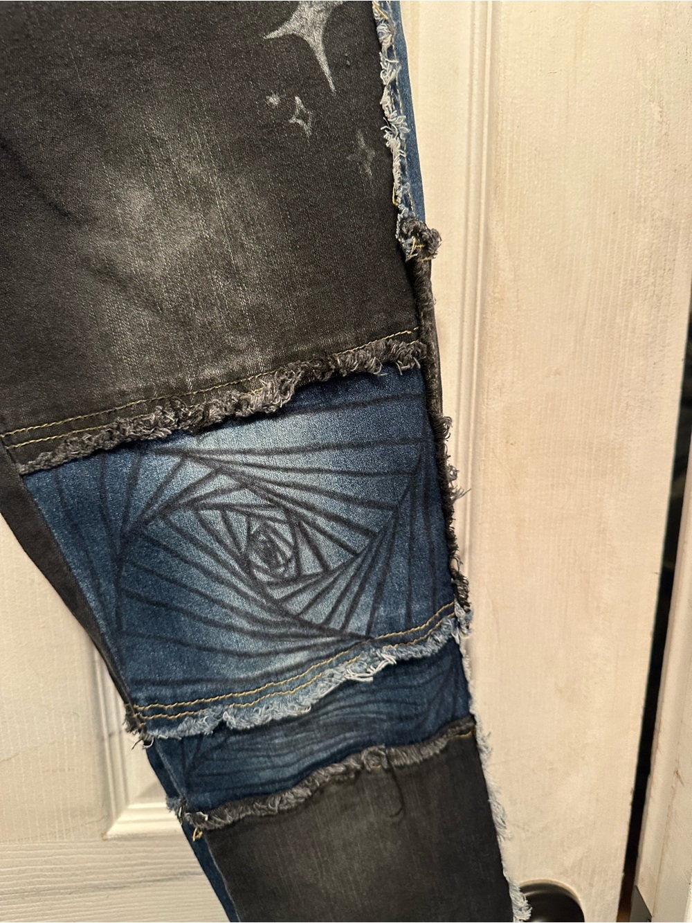 Patchwork Black and Dark Blue Women's Stretch Jeans- Distressed Artistic Design - Picture 4 of 6